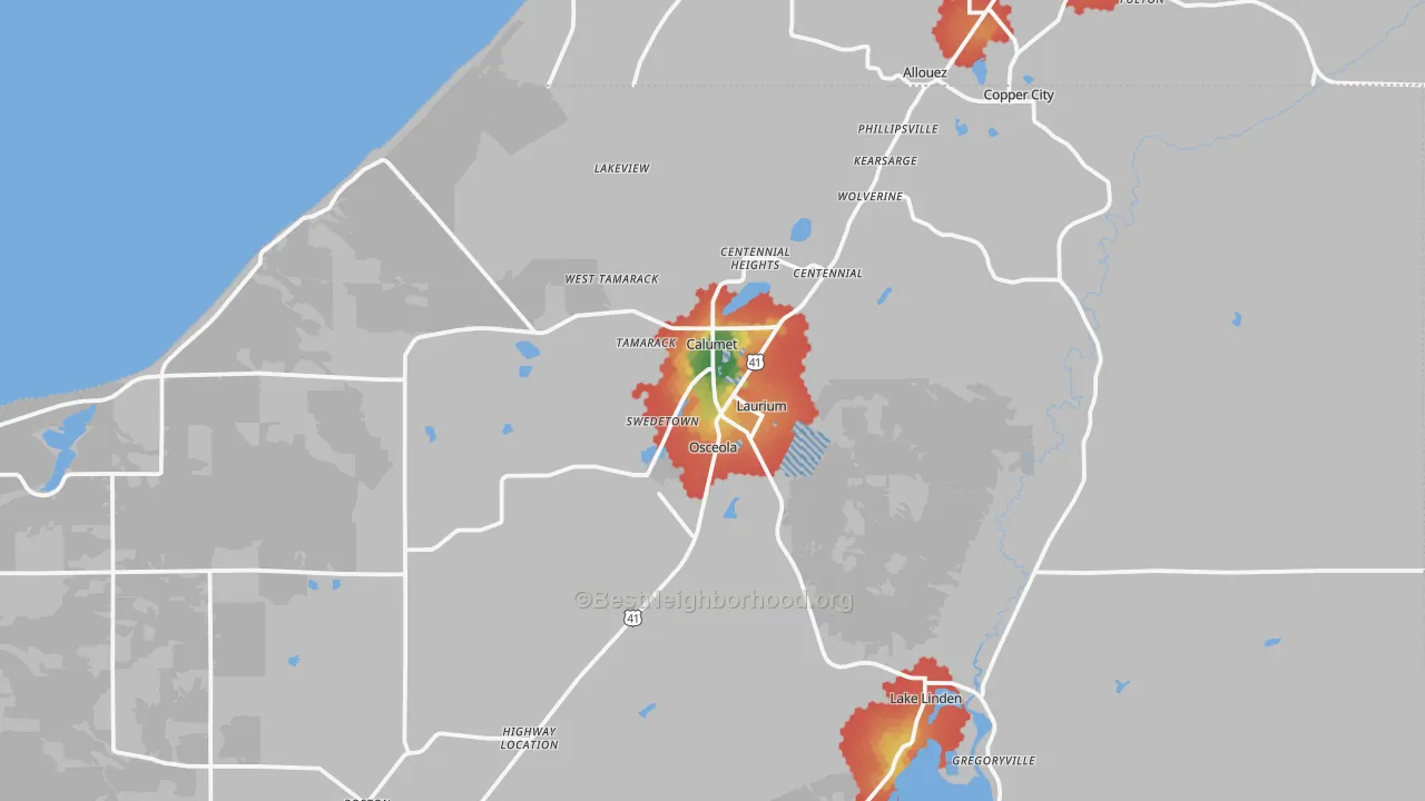 Walk Grade map of Calumet, MI, walkable areas in green and car-dependent areas in red