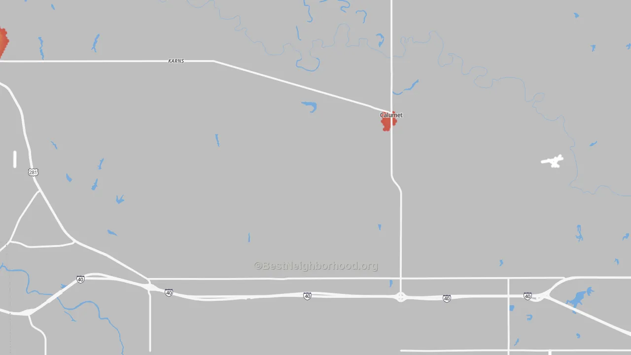 Walk Grade map of Calumet, OK, walkable areas in green and car-dependent areas in red