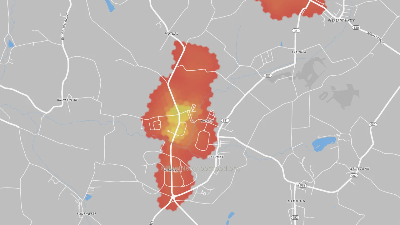 Walk Grade map of Calumet, PA, walkable areas in green and car-dependent areas in red