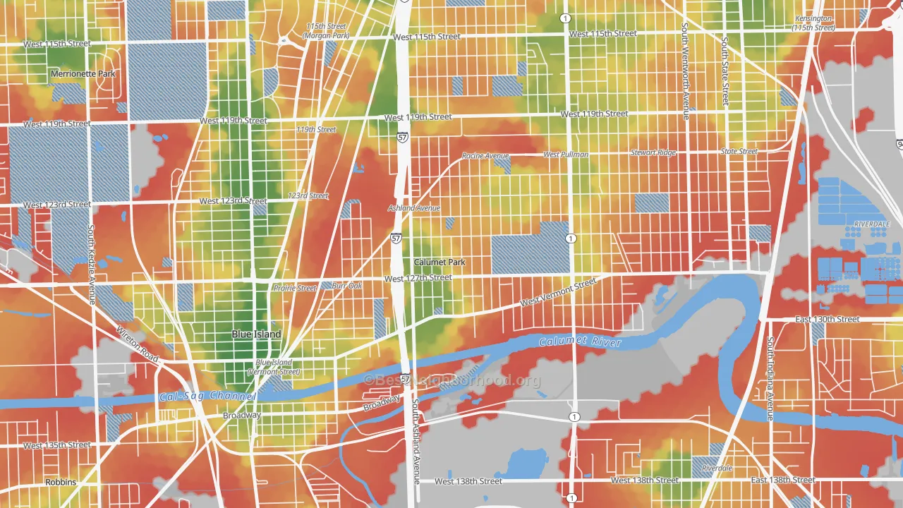 Walk Grade map of Calumet Park, IL, walkable areas in green and car-dependent areas in red