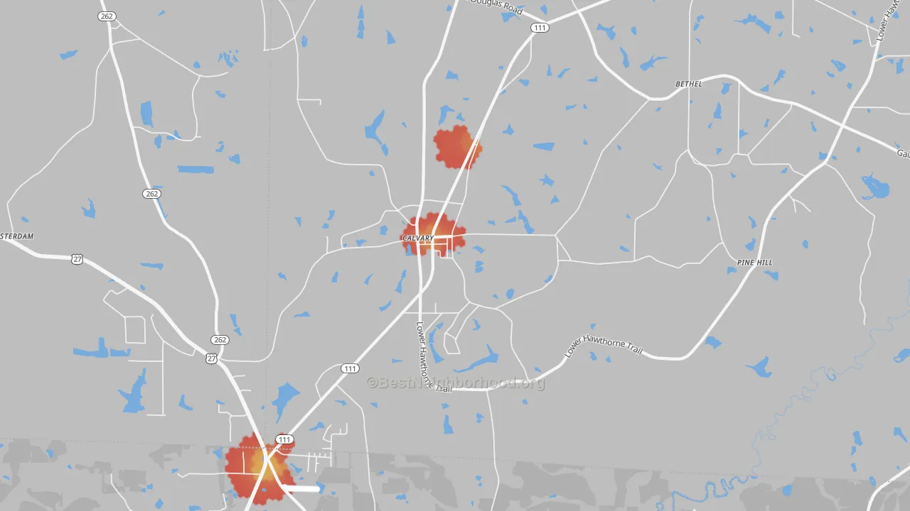 Walk Grade map of Calvary, GA, walkable areas in green and car-dependent areas in red