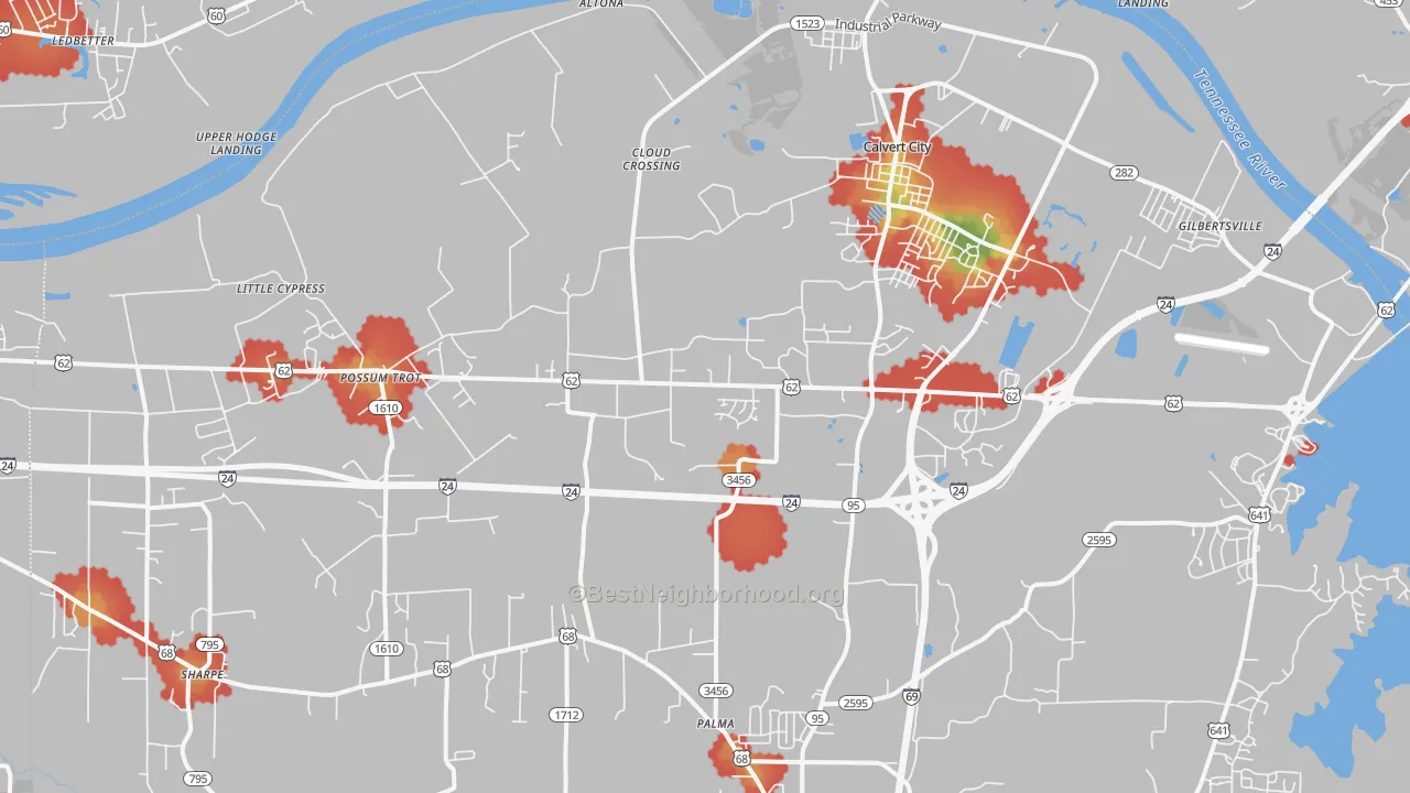 Walk Grade map of Calvert City, KY, walkable areas in green and car-dependent areas in red