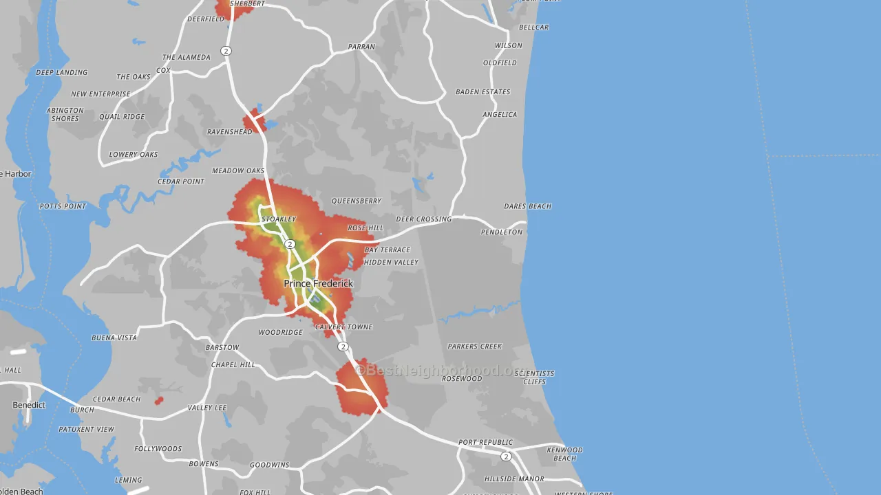 Walk Grade map of Calvert County, MD, walkable areas in green and car-dependent areas in red
