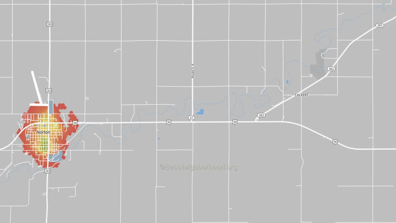 Walk Grade map of Calvert, KS, walkable areas in green and car-dependent areas in red