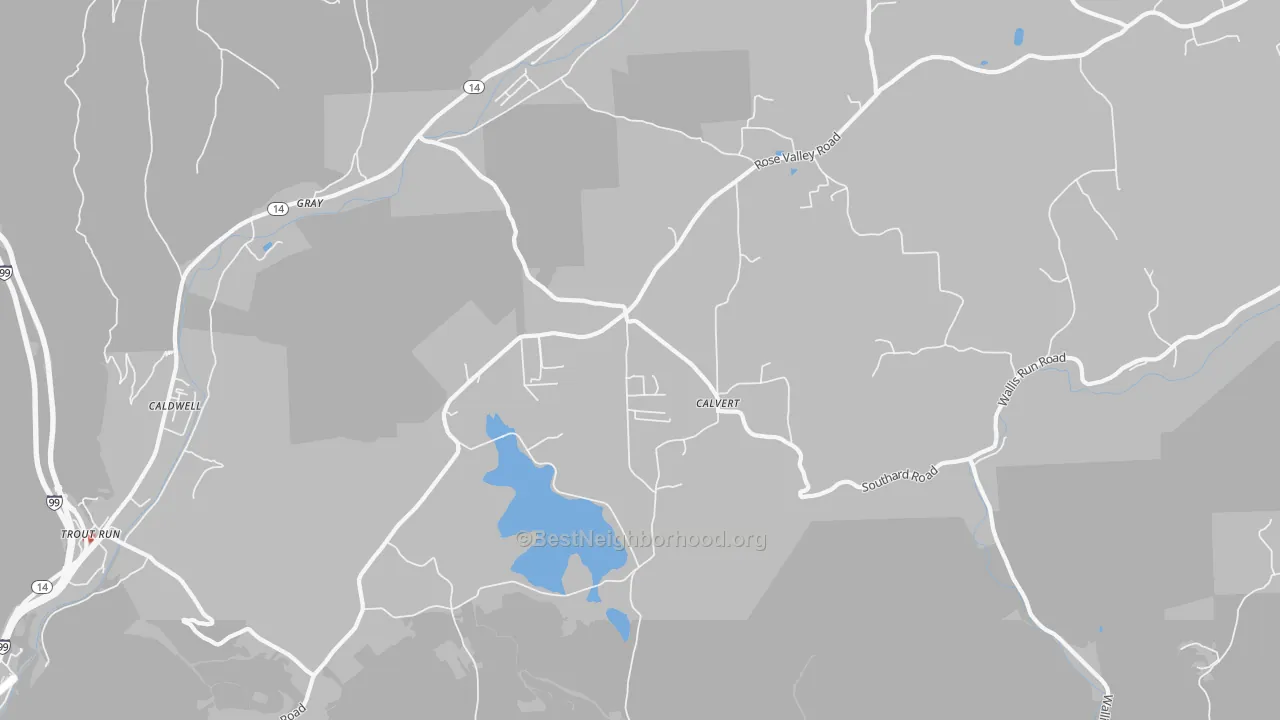 Walk Grade map of Calvert, PA, walkable areas in green and car-dependent areas in red