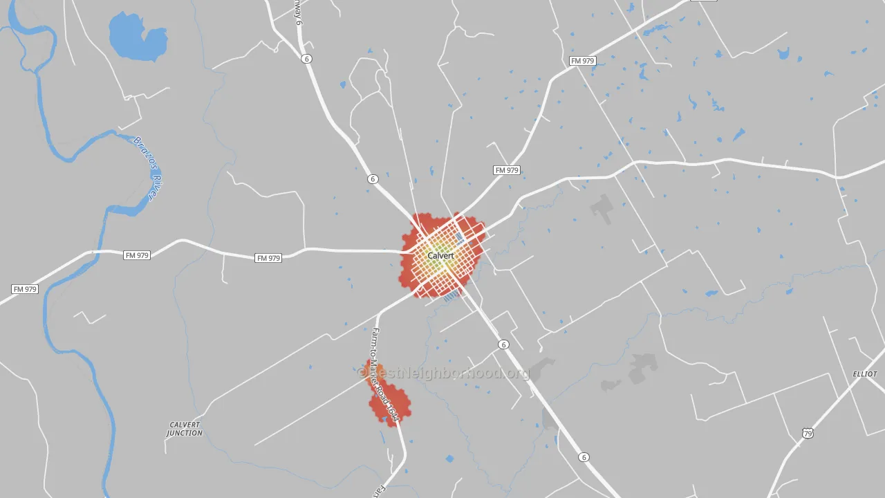 Walk Grade map of Calvert, TX, walkable areas in green and car-dependent areas in red