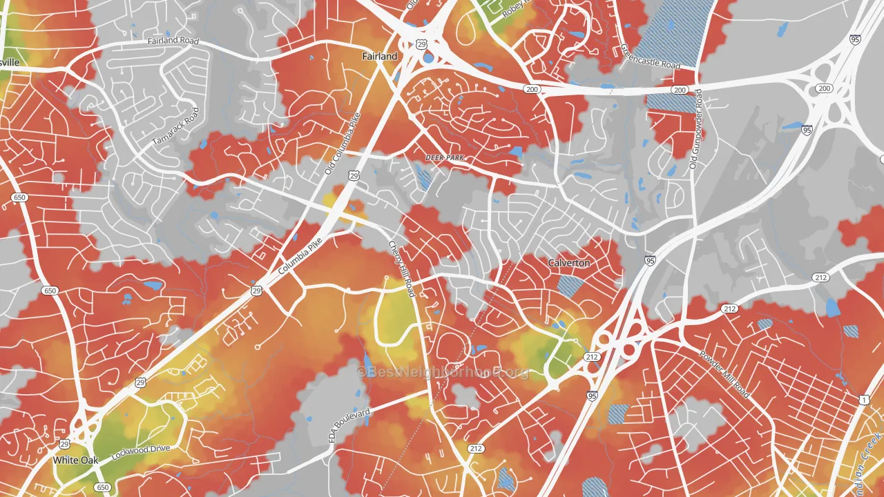 Walk Grade map of Calverton, MD, walkable areas in green and car-dependent areas in red
