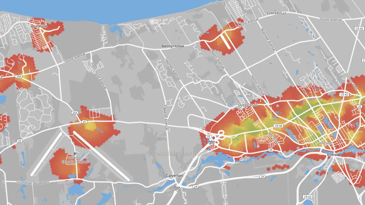 Walk Grade map of Calverton, NY, walkable areas in green and car-dependent areas in red