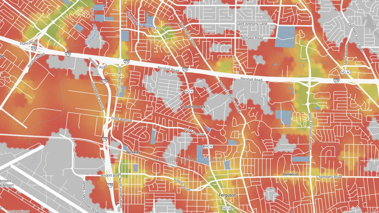 Walk Grade map of Calverton Park, MO, walkable areas in green and car-dependent areas in red
