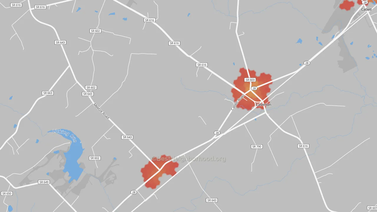 Walk Grade map of Calverton, VA, walkable areas in green and car-dependent areas in red