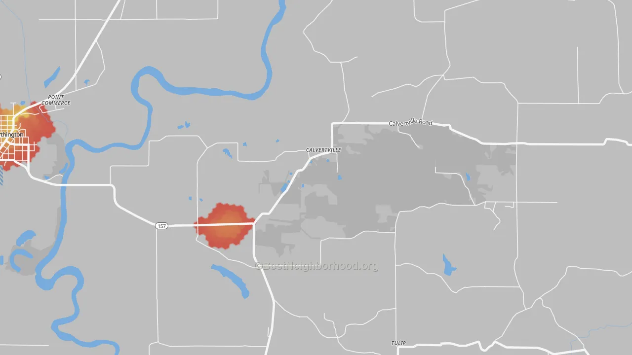 Walk Grade map of Calvertville, IN, walkable areas in green and car-dependent areas in red