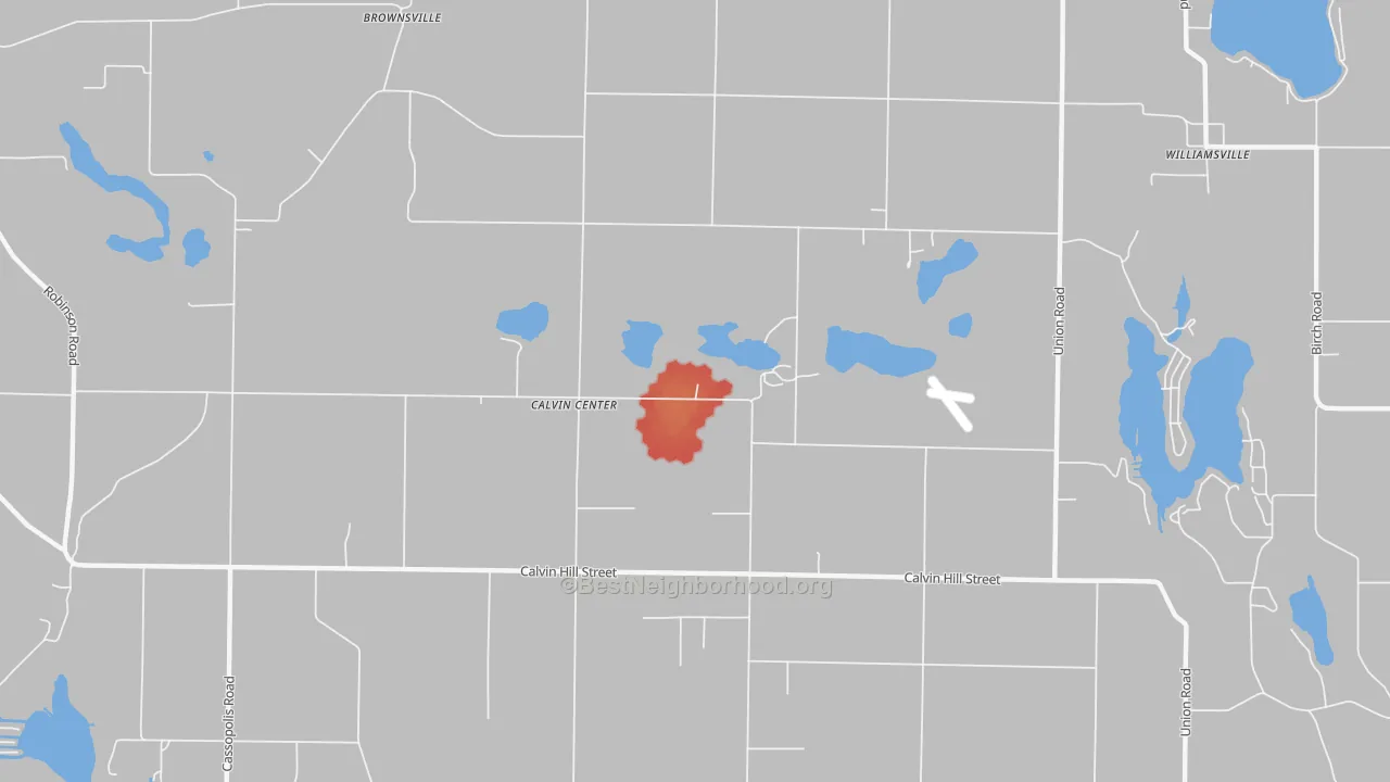 Walk Grade map of Calvin Center, MI, walkable areas in green and car-dependent areas in red