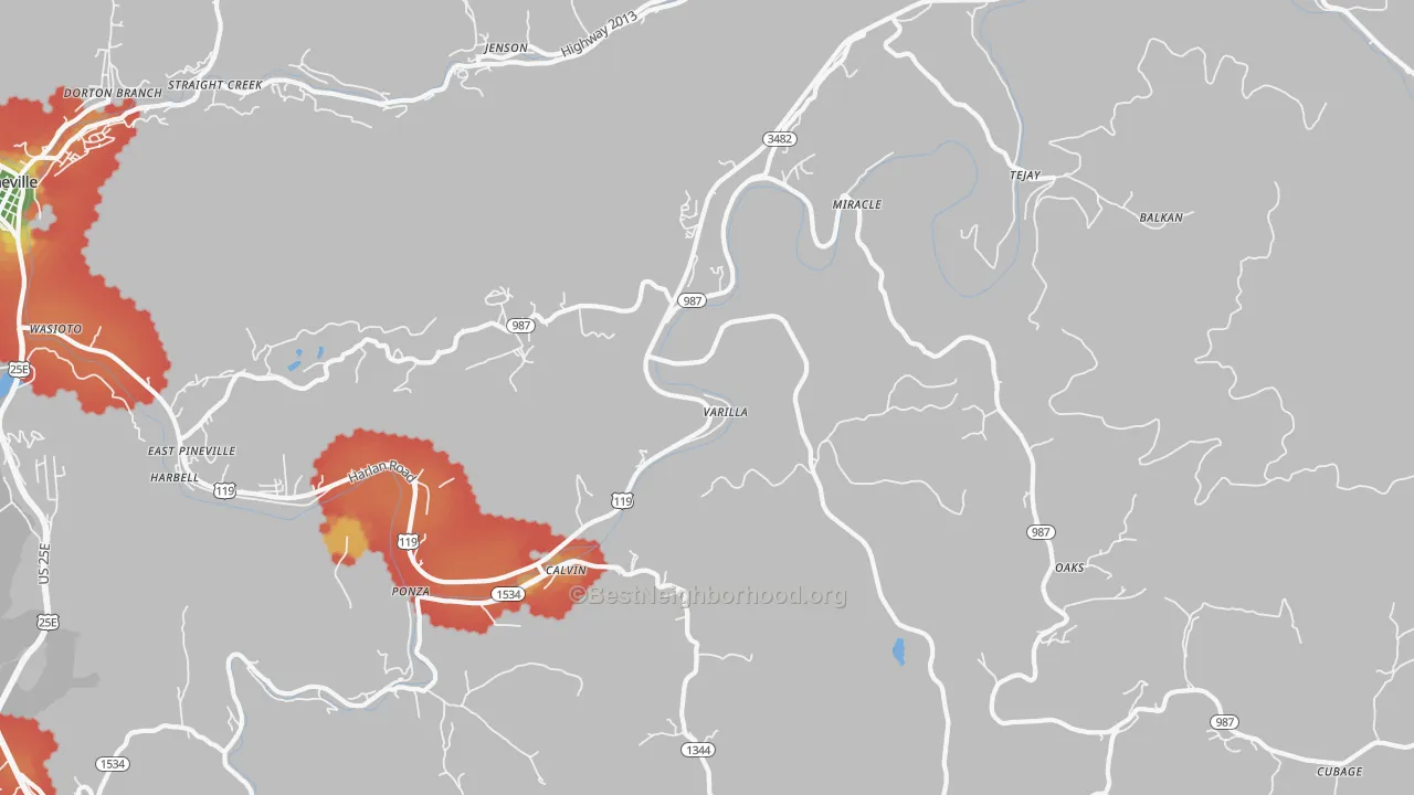 Walk Grade map of Calvin, KY, walkable areas in green and car-dependent areas in red