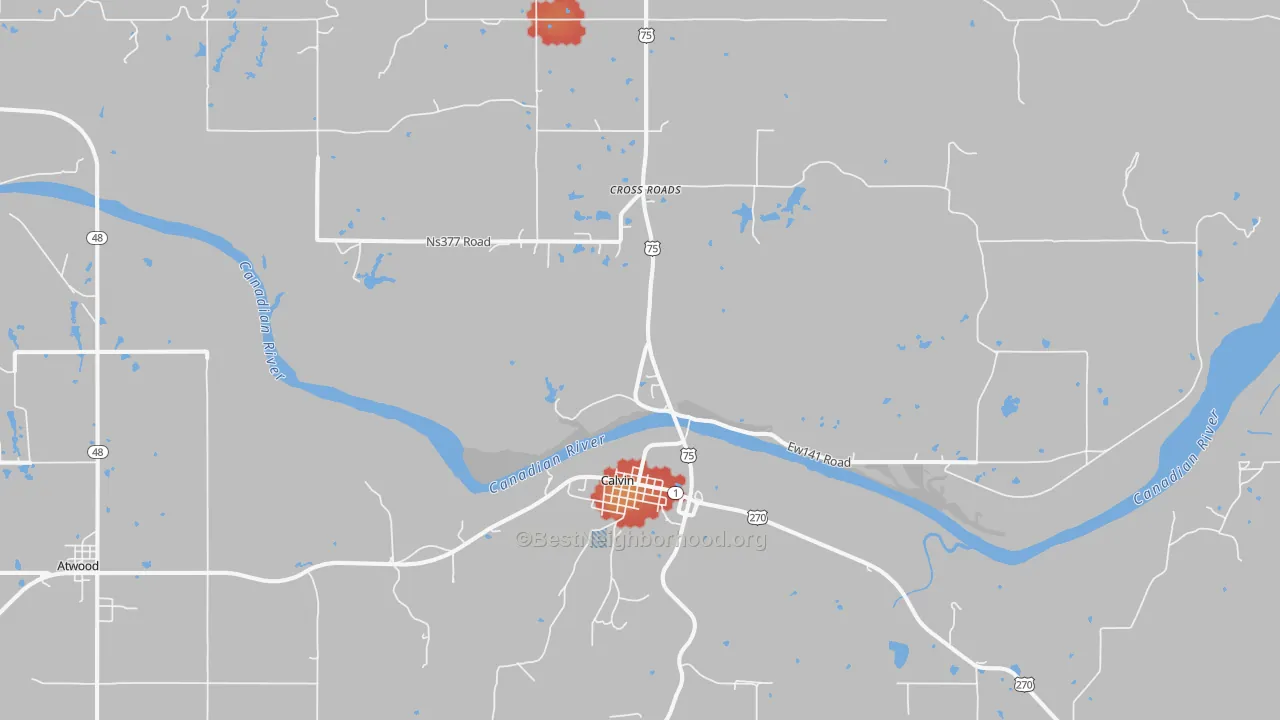 Walk Grade map of Calvin, OK, walkable areas in green and car-dependent areas in red