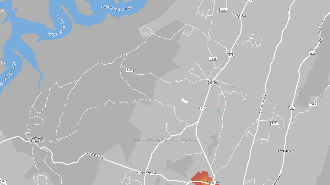 Walk Grade map of Calvin, PA, walkable areas in green and car-dependent areas in red
