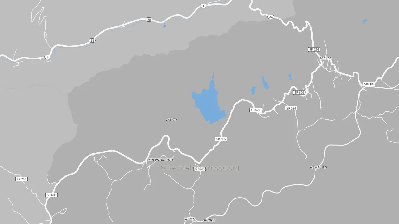 Walk Grade map of Calvin, VA, walkable areas in green and car-dependent areas in red