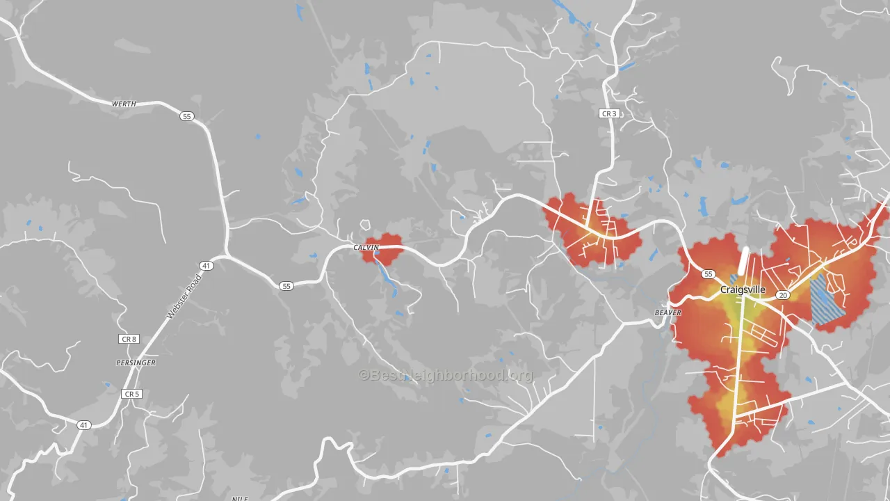 Walk Grade map of Calvin, WV, walkable areas in green and car-dependent areas in red