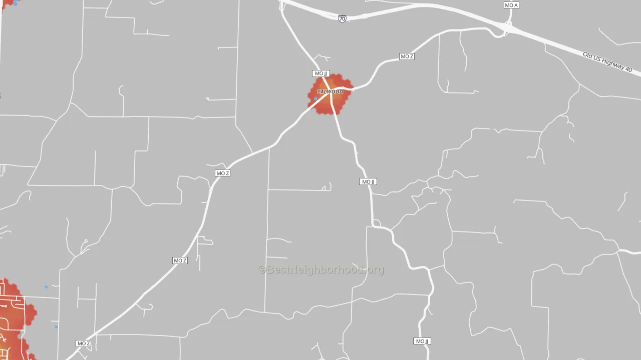 Walk Grade map of Calwood, MO, walkable areas in green and car-dependent areas in red