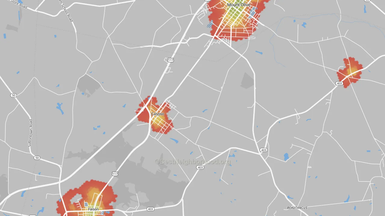 Walk Grade map of Calypso, NC, walkable areas in green and car-dependent areas in red