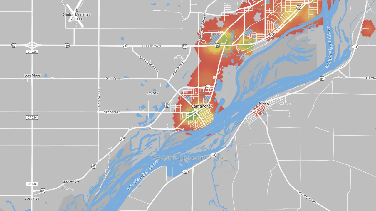Walk Grade map of Camanche, IA, walkable areas in green and car-dependent areas in red