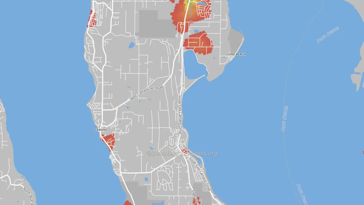 Walk Grade map of Camano Island, WA, walkable areas in green and car-dependent areas in red