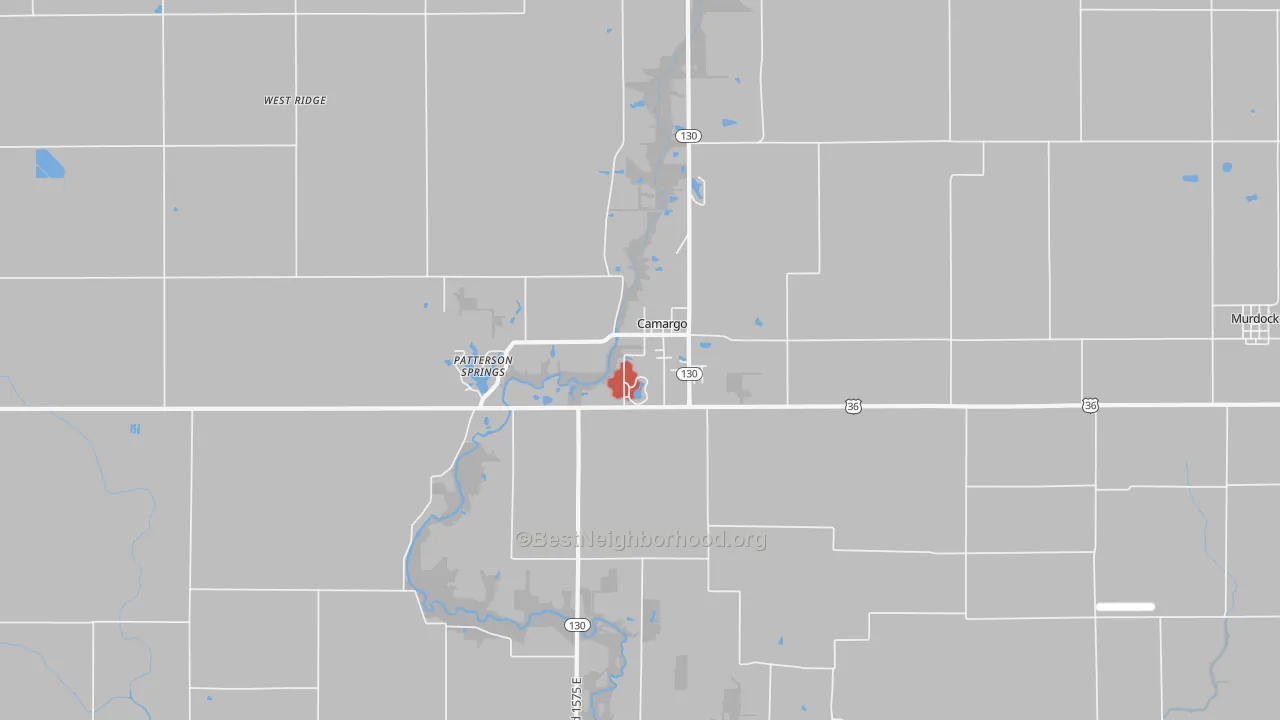 Walk Grade map of Camargo, IL, walkable areas in green and car-dependent areas in red