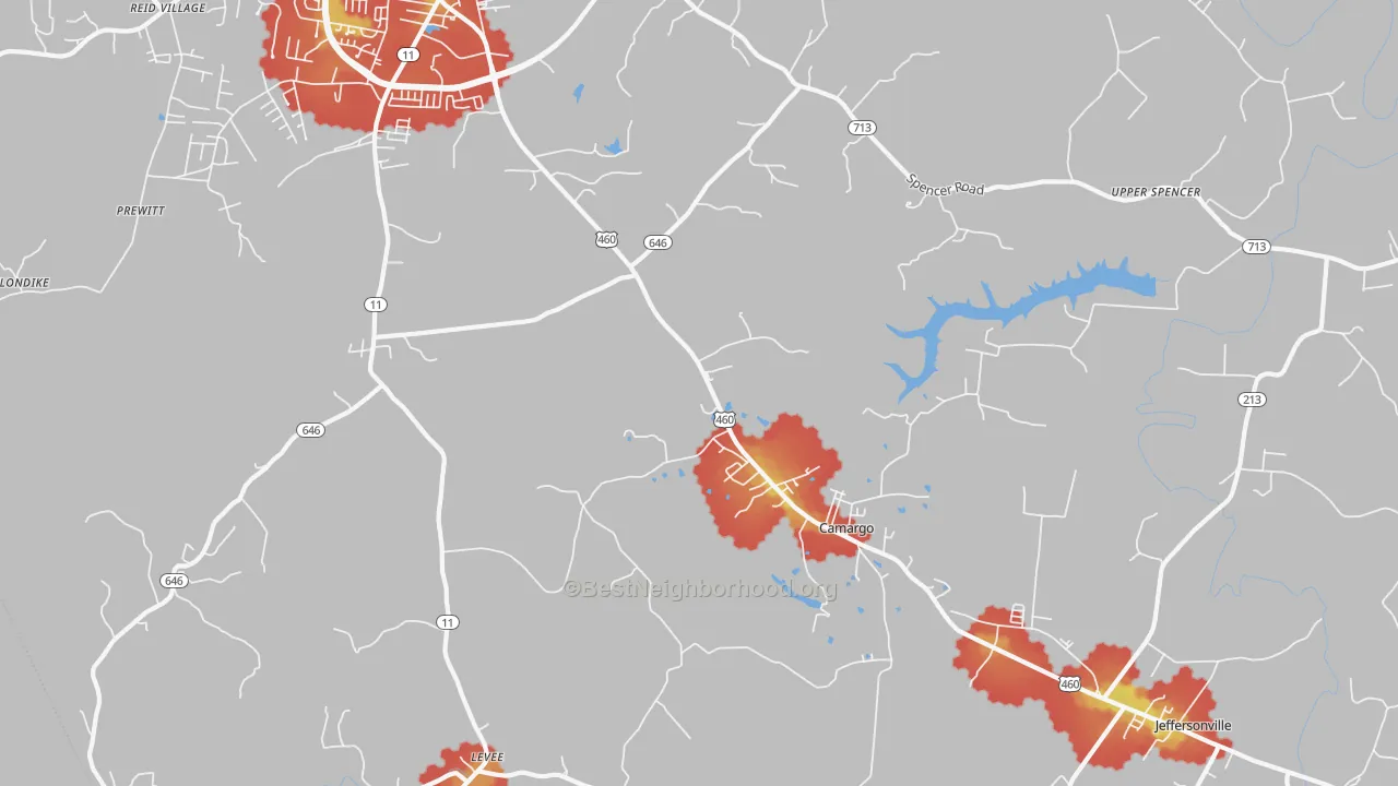 Walk Grade map of Camargo, KY, walkable areas in green and car-dependent areas in red