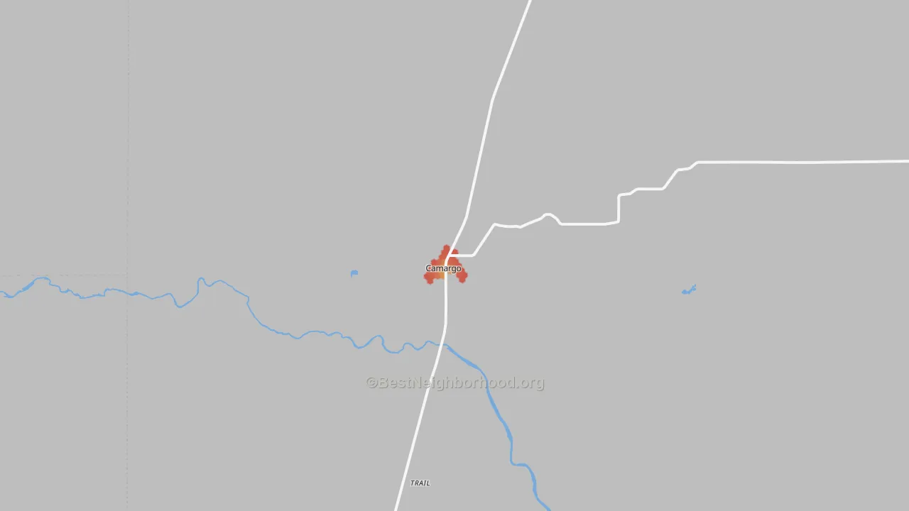 Walk Grade map of Camargo, OK, walkable areas in green and car-dependent areas in red