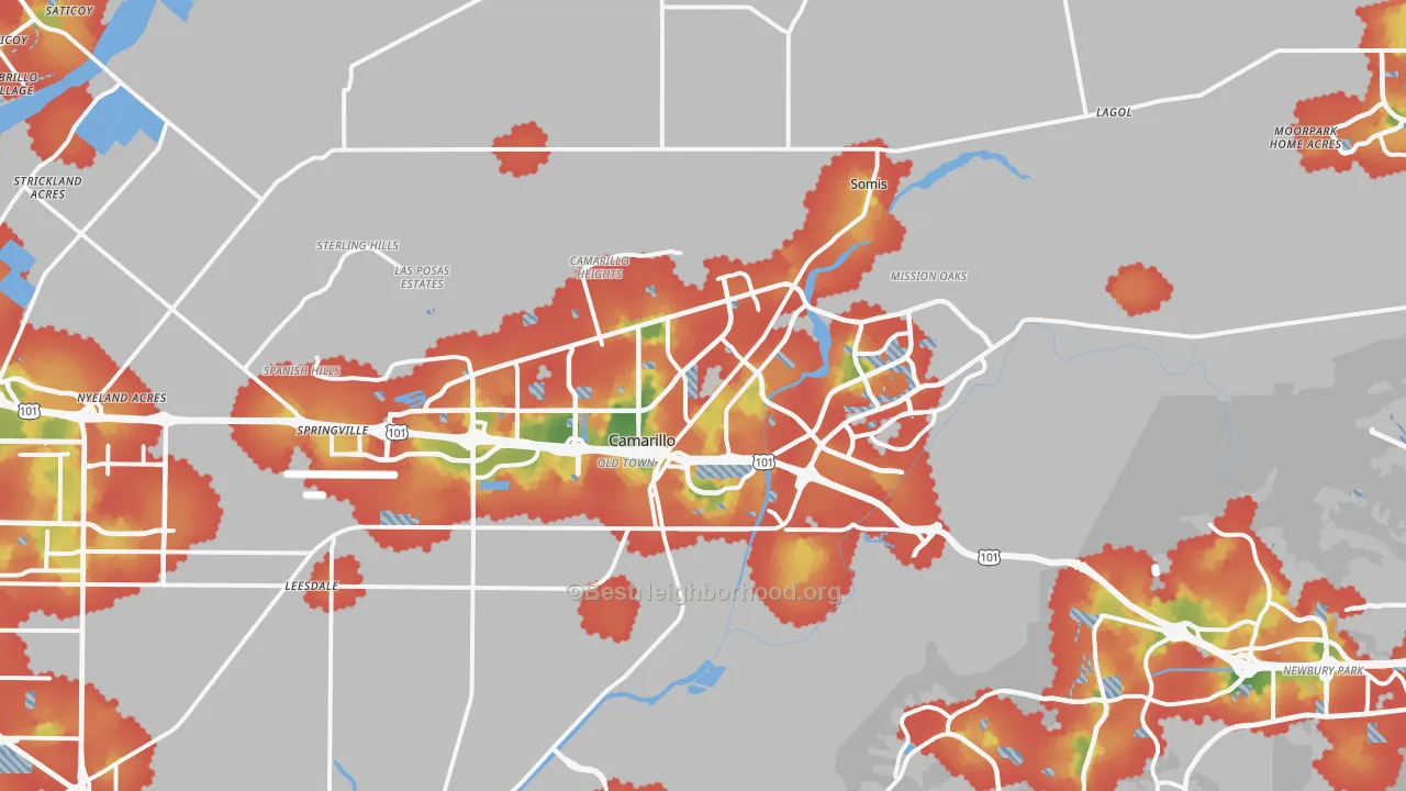 Walk Grade map of Camarillo, CA, walkable areas in green and car-dependent areas in red