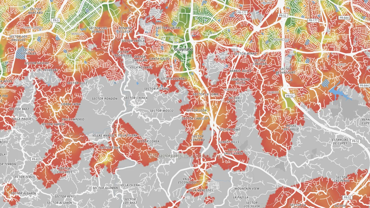 Walk Grade map of Camarones, PR, walkable areas in green and car-dependent areas in red