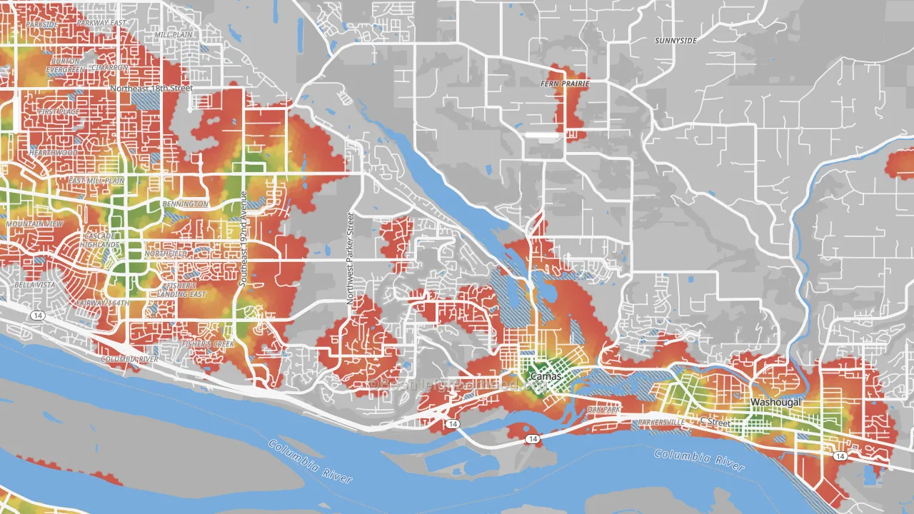 Walk Grade map of Camas, WA, walkable areas in green and car-dependent areas in red