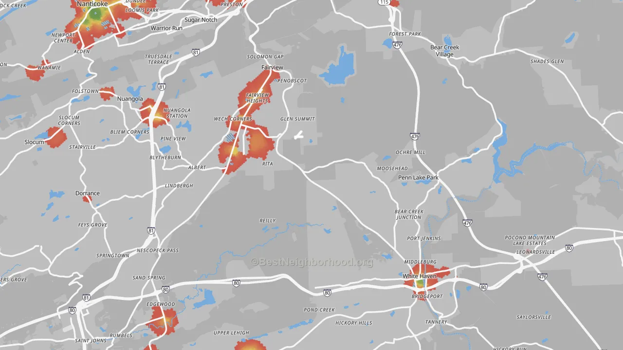 Walk Grade map of Cambra, PA, walkable areas in green and car-dependent areas in red