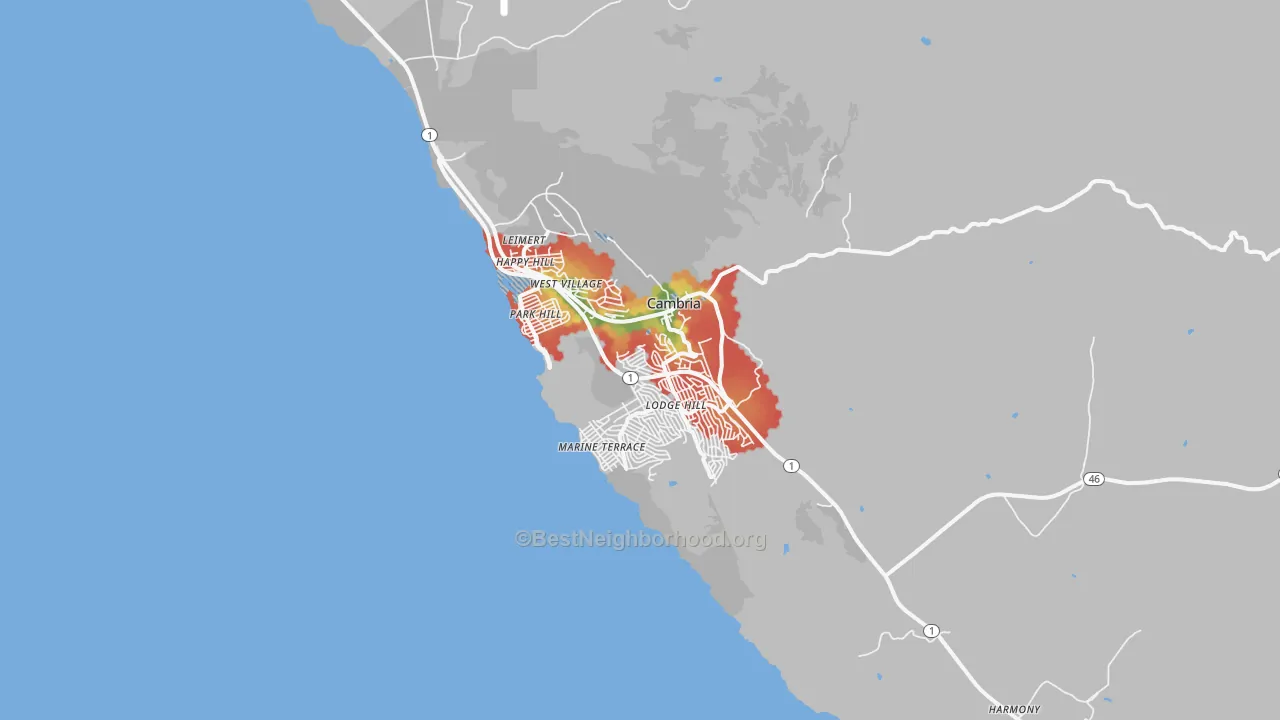 Walk Grade map of Cambria, CA, walkable areas in green and car-dependent areas in red