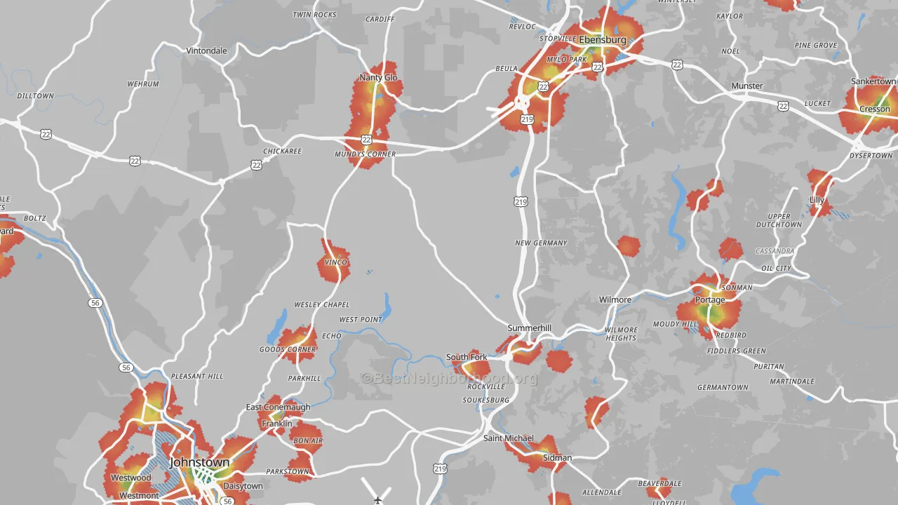 Walk Grade map of Cambria County, PA, walkable areas in green and car-dependent areas in red