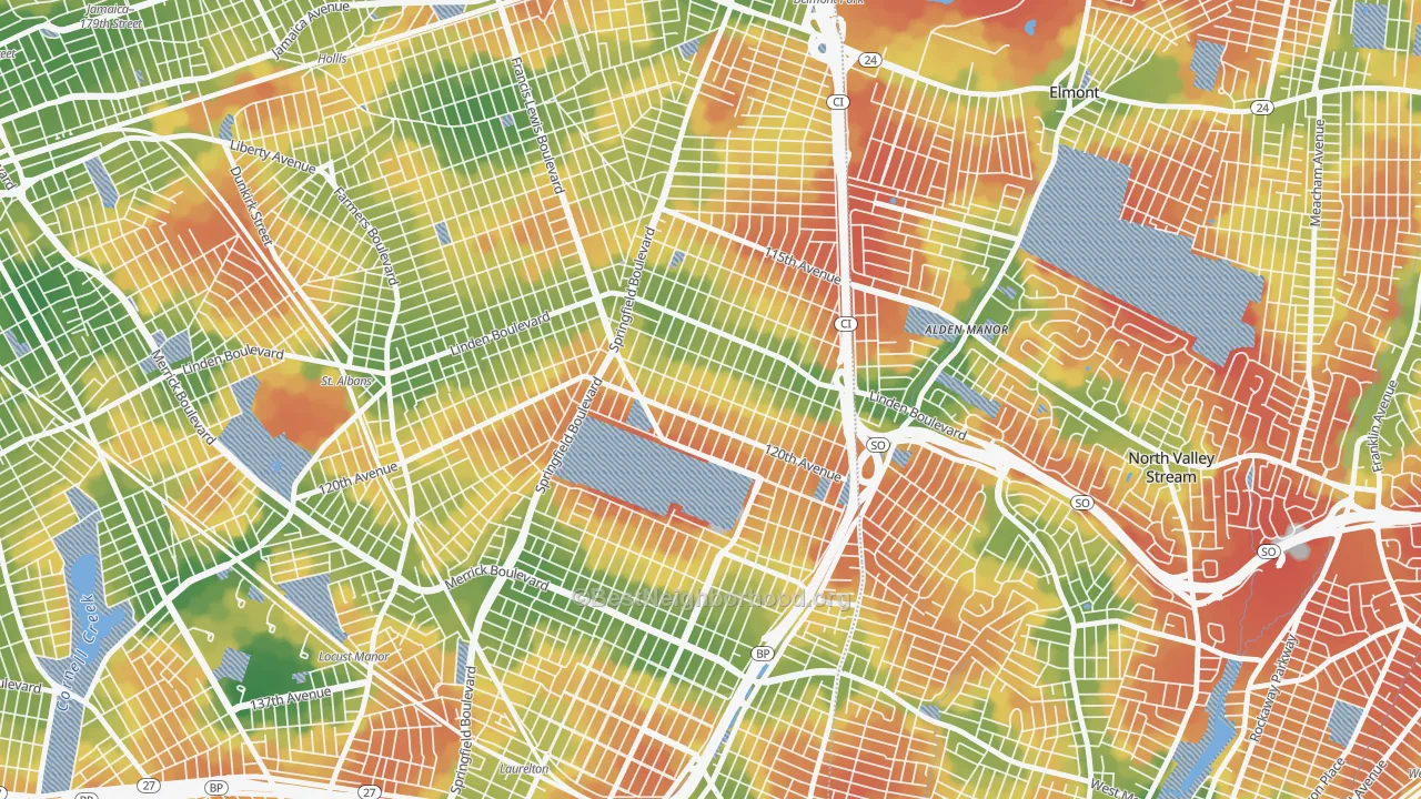 Walk Grade map of Cambria Heights, Queens, NY, walkable areas in green and car-dependent areas in red