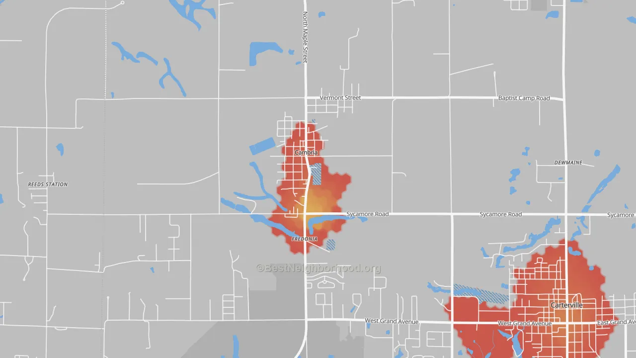Walk Grade map of Cambria, IL, walkable areas in green and car-dependent areas in red
