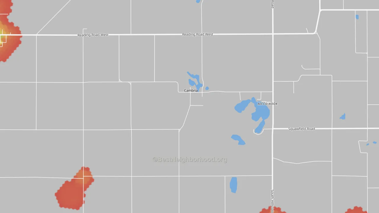 Walk Grade map of Cambria, MI, walkable areas in green and car-dependent areas in red