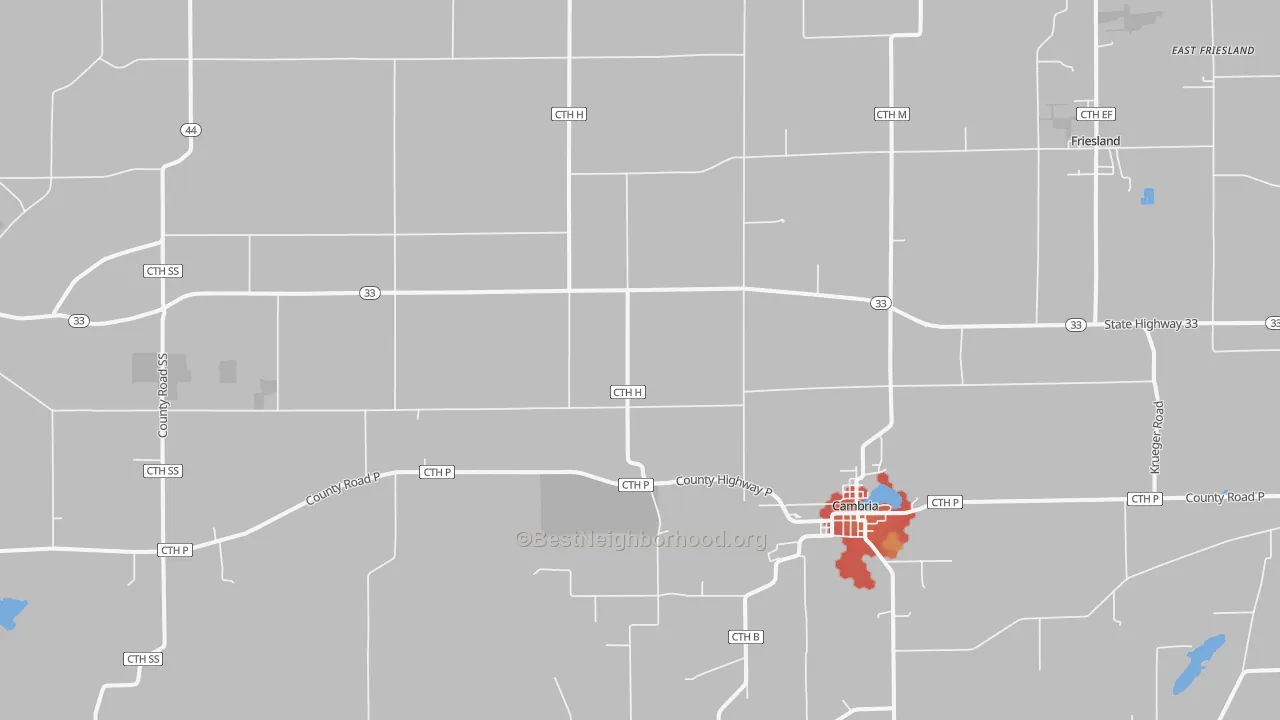 Walk Grade map of Cambria, WI, walkable areas in green and car-dependent areas in red