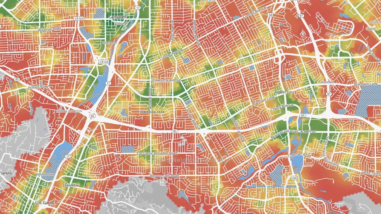 Walk Grade map of Cambrian Park, San Jose, CA, walkable areas in green and car-dependent areas in red