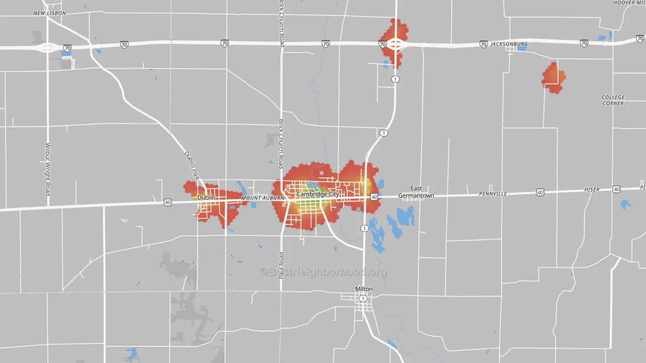 Walk Grade map of Cambridge City, IN, walkable areas in green and car-dependent areas in red