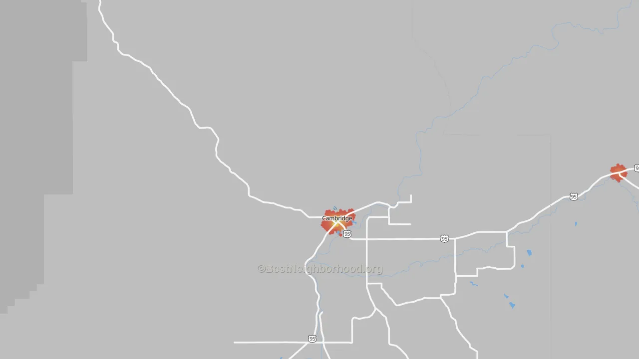 Walk Grade map of Cambridge, ID, walkable areas in green and car-dependent areas in red
