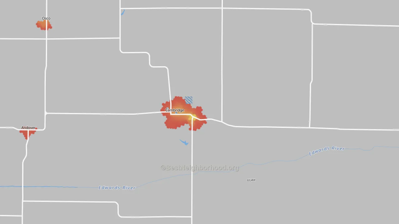 Walk Grade map of Cambridge, IL, walkable areas in green and car-dependent areas in red