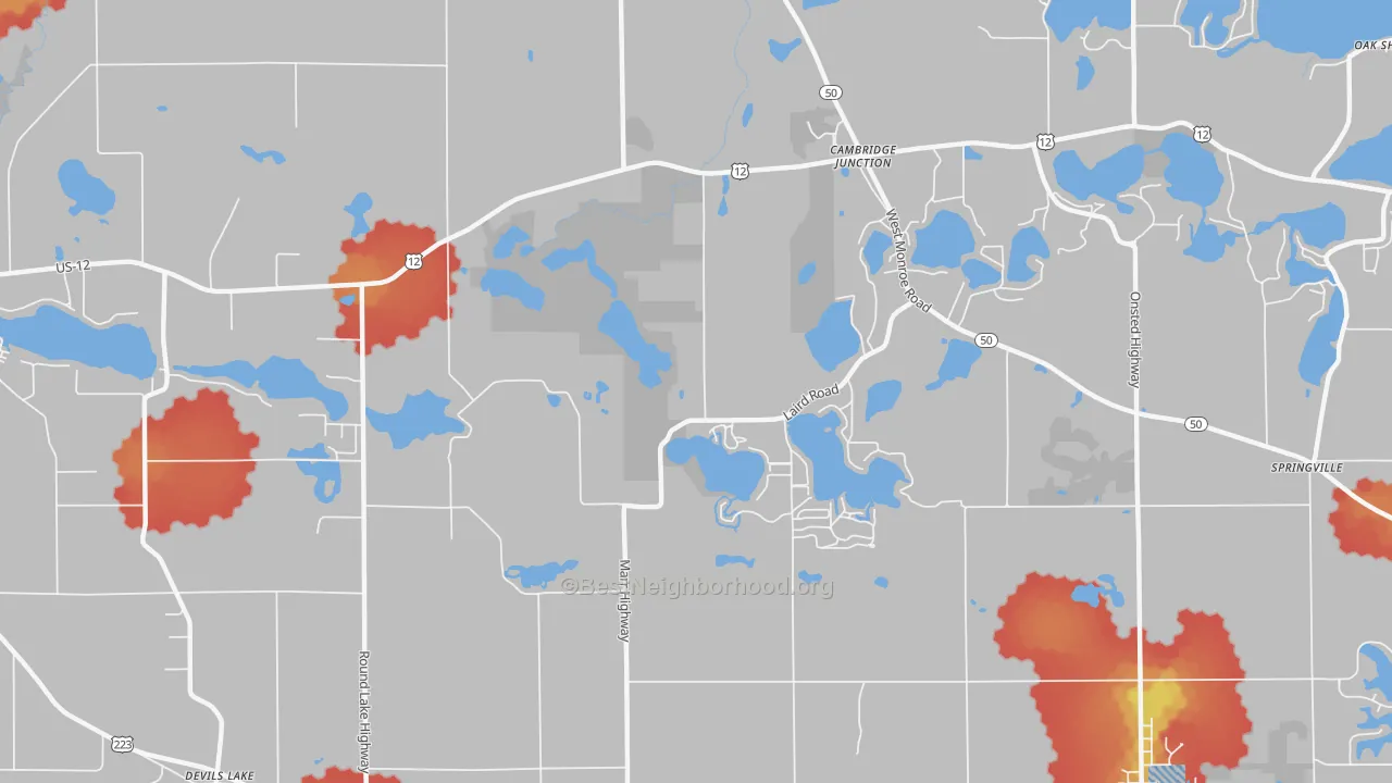 Walk Grade map of Cambridge Junction, MI, walkable areas in green and car-dependent areas in red