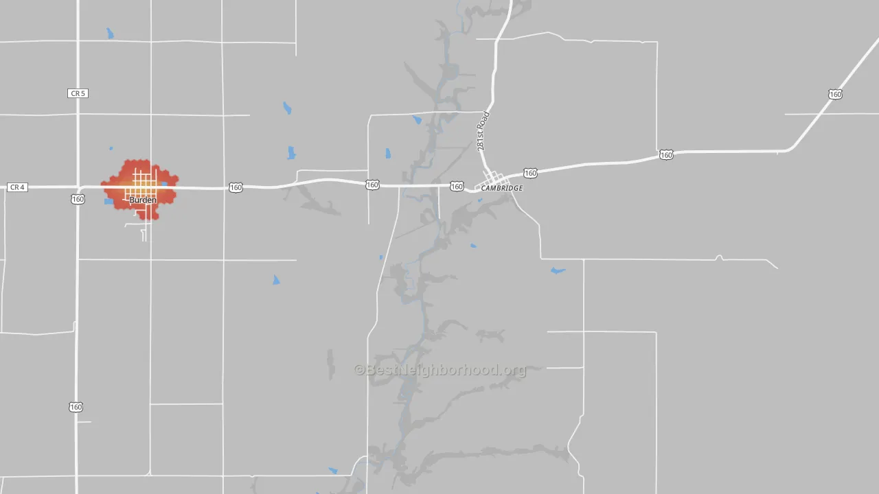 Walk Grade map of Cambridge, KS, walkable areas in green and car-dependent areas in red