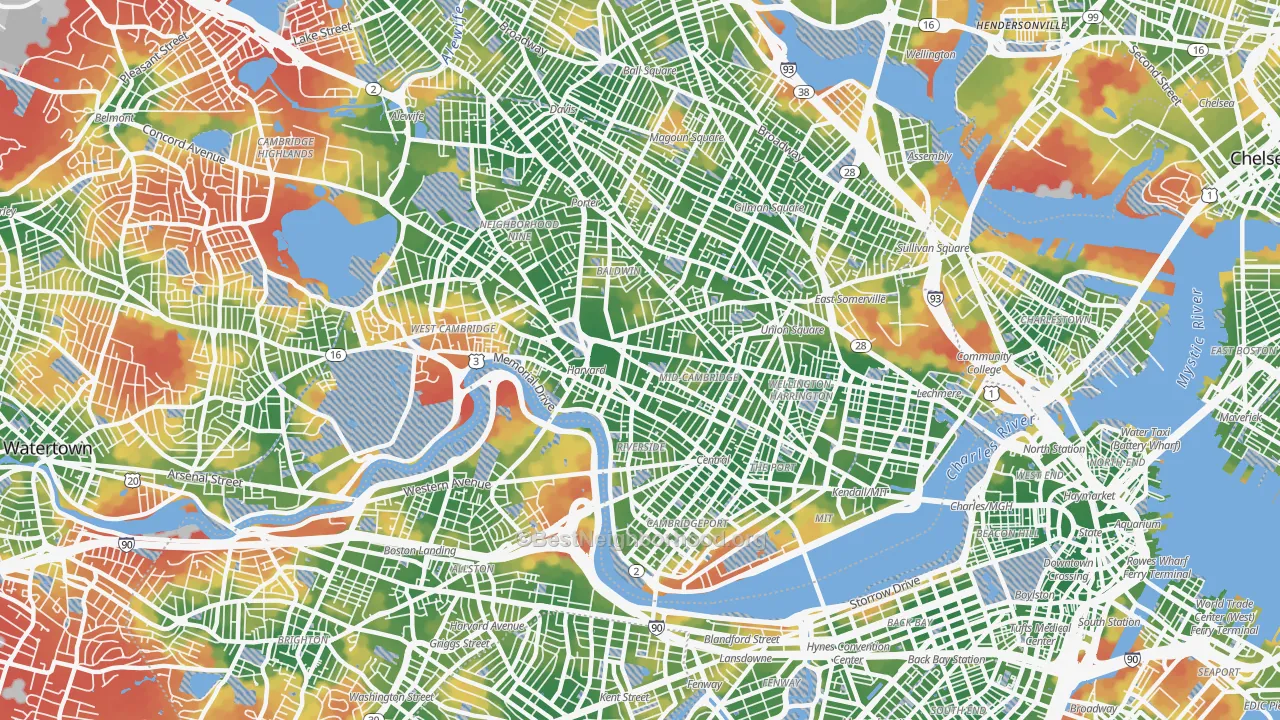 Walk Grade map of Cambridge, MA, walkable areas in green and car-dependent areas in red