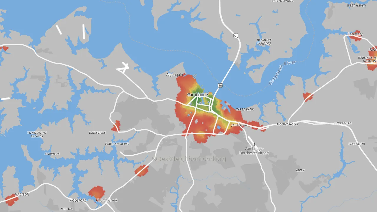 Walk Grade map of Cambridge, MD, walkable areas in green and car-dependent areas in red