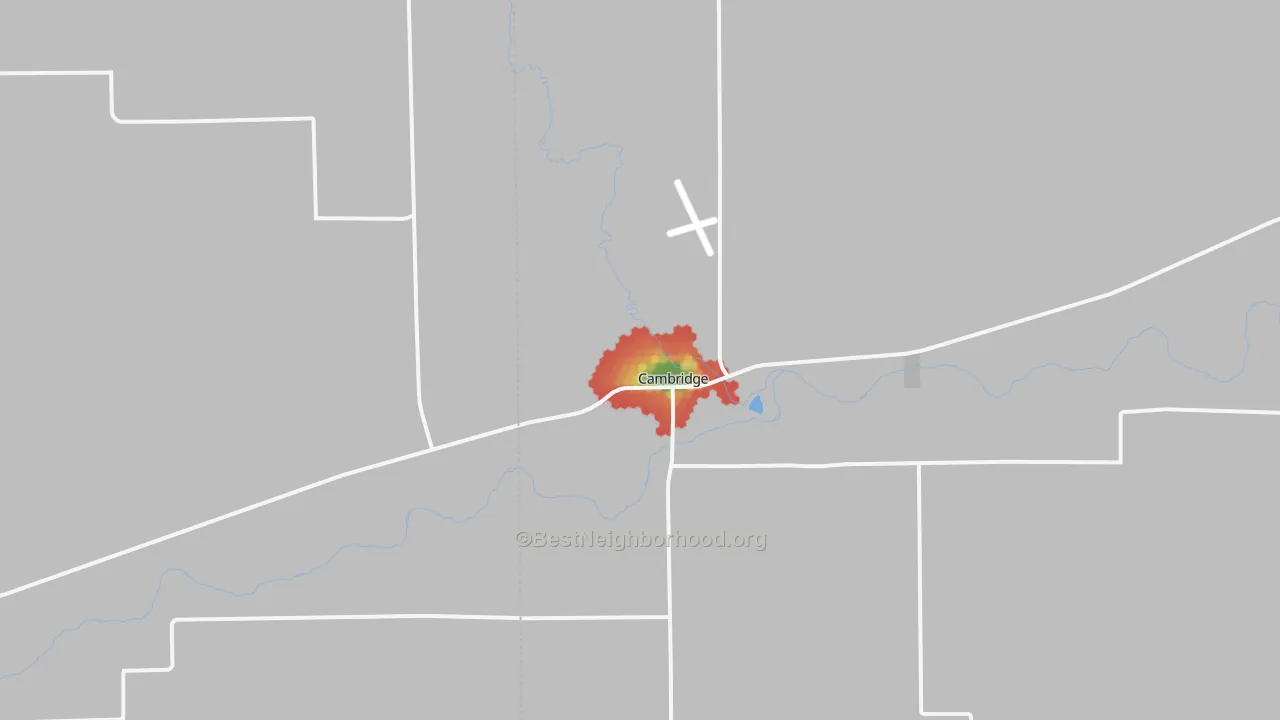 Walk Grade map of Cambridge, NE, walkable areas in green and car-dependent areas in red
