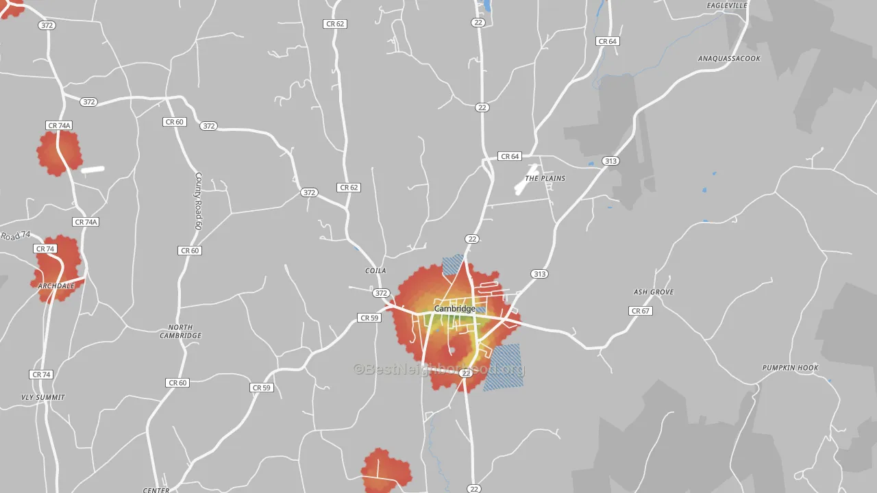 Walk Grade map of Cambridge, NY, walkable areas in green and car-dependent areas in red