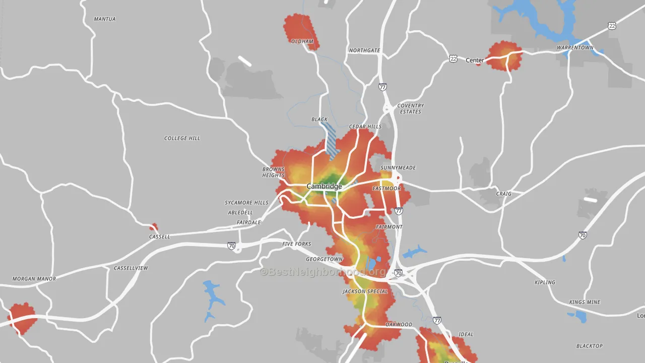 Walk Grade map of Cambridge, OH, walkable areas in green and car-dependent areas in red