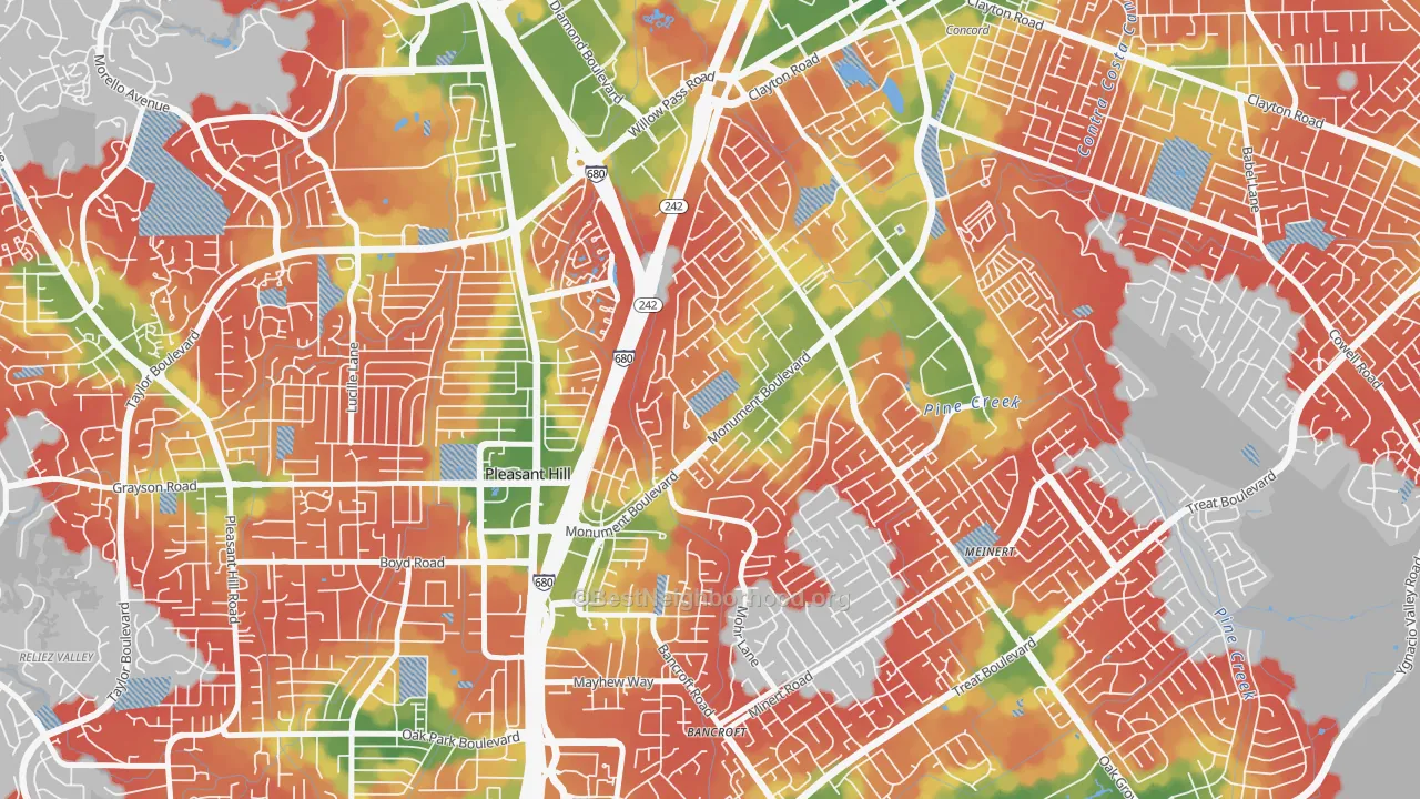 Walk Grade map of Cambridge Park, Concord, CA, walkable areas in green and car-dependent areas in red